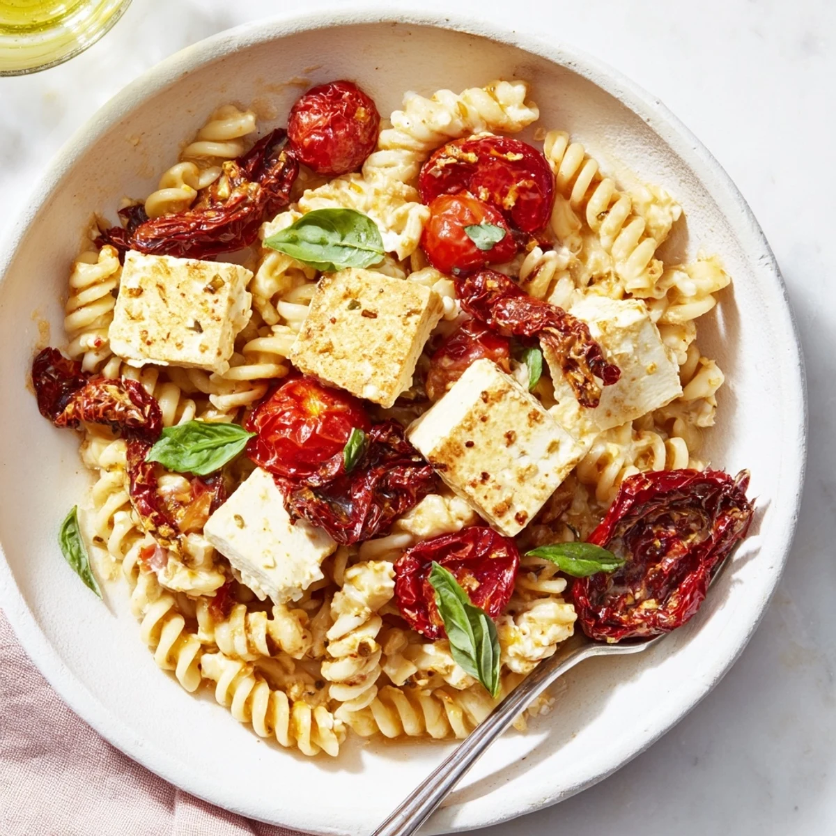 Creamy Baked Feta Pasta topped with caramelized onions and sun-dried tomatoes.