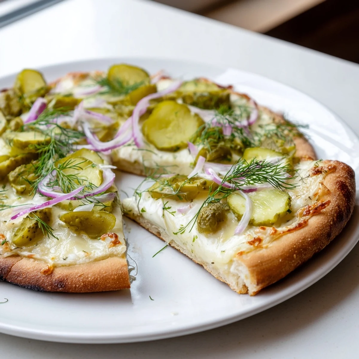 Creamy Pickle Pizza with mozzarella and tangy dill for a unique taste experience.  