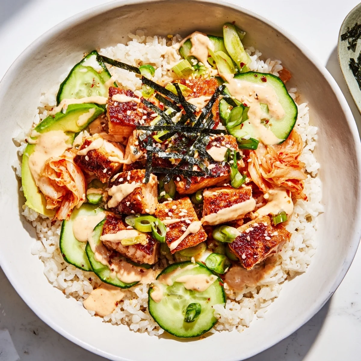 Crispy Salmon Rice Bowl topped with spicy mayo, kimchi, and fresh avocado slices.  