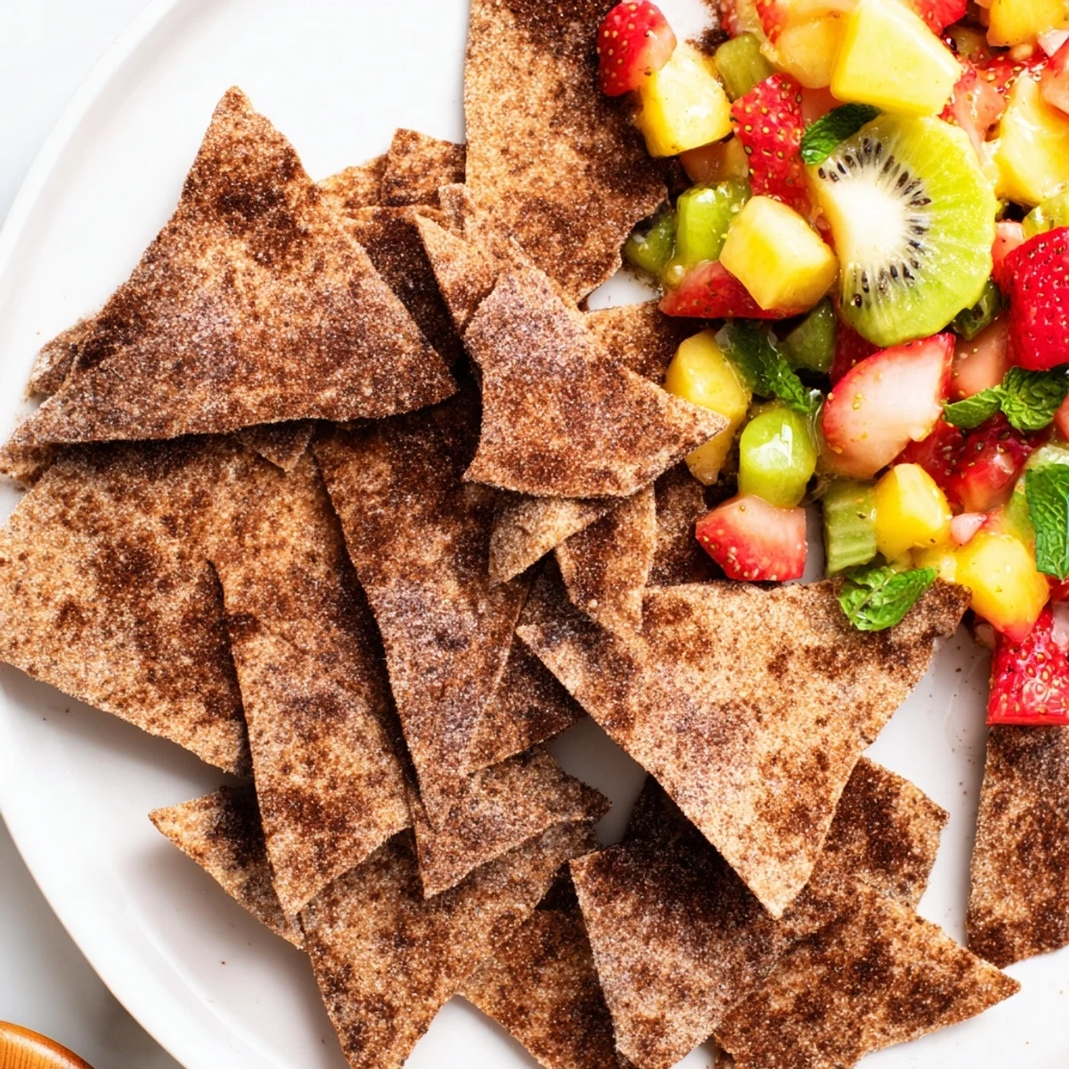 Crispy dessert chips and vibrant fruit salsa for a fun, sweet treat.