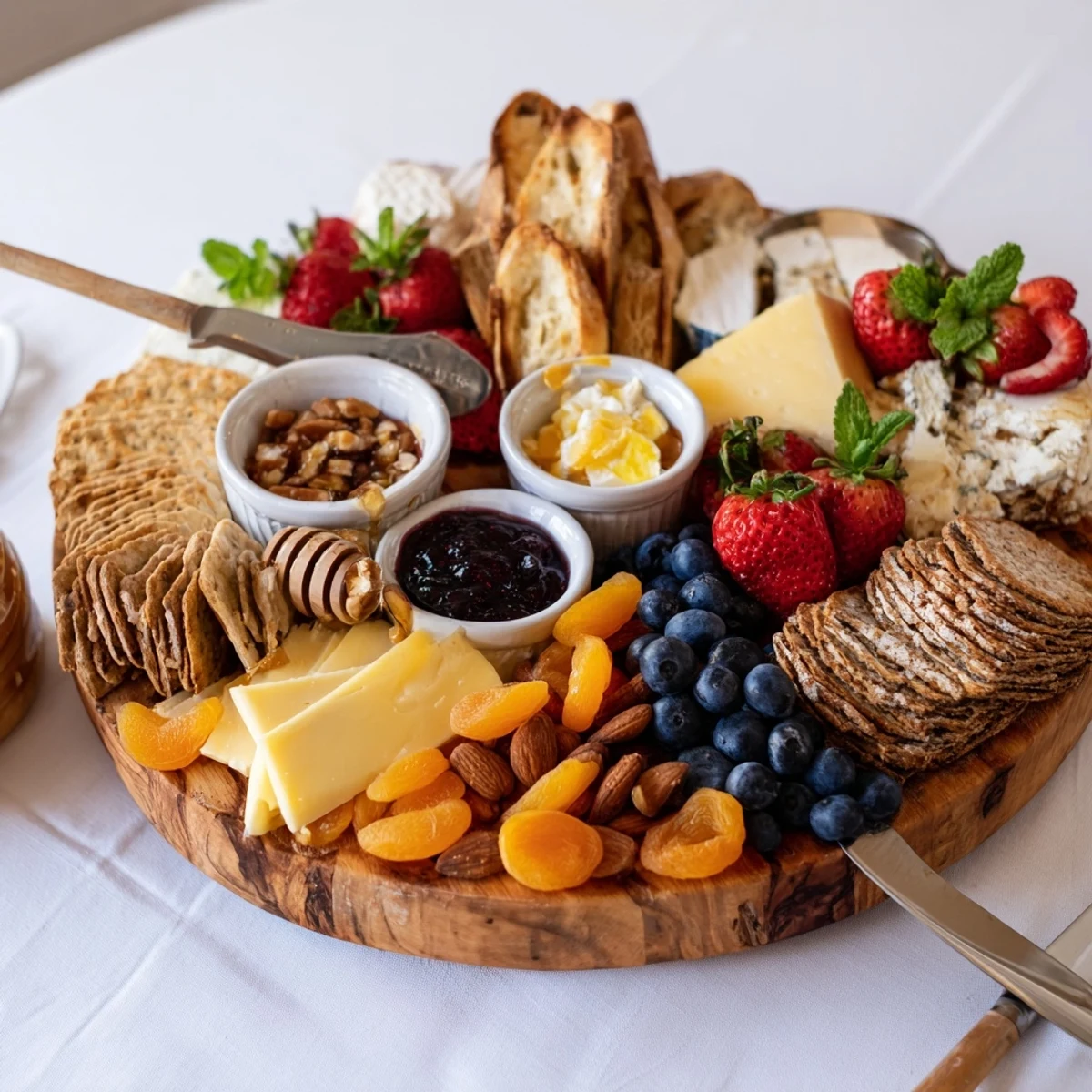 A colorful jam-infused brunch board with cheeses, fruits, and breads.  