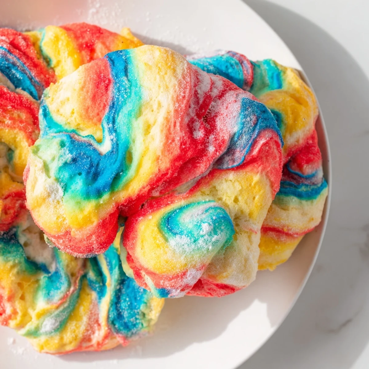 Light and airy rainbow cloud bread served with fresh berries and whipped cream.  