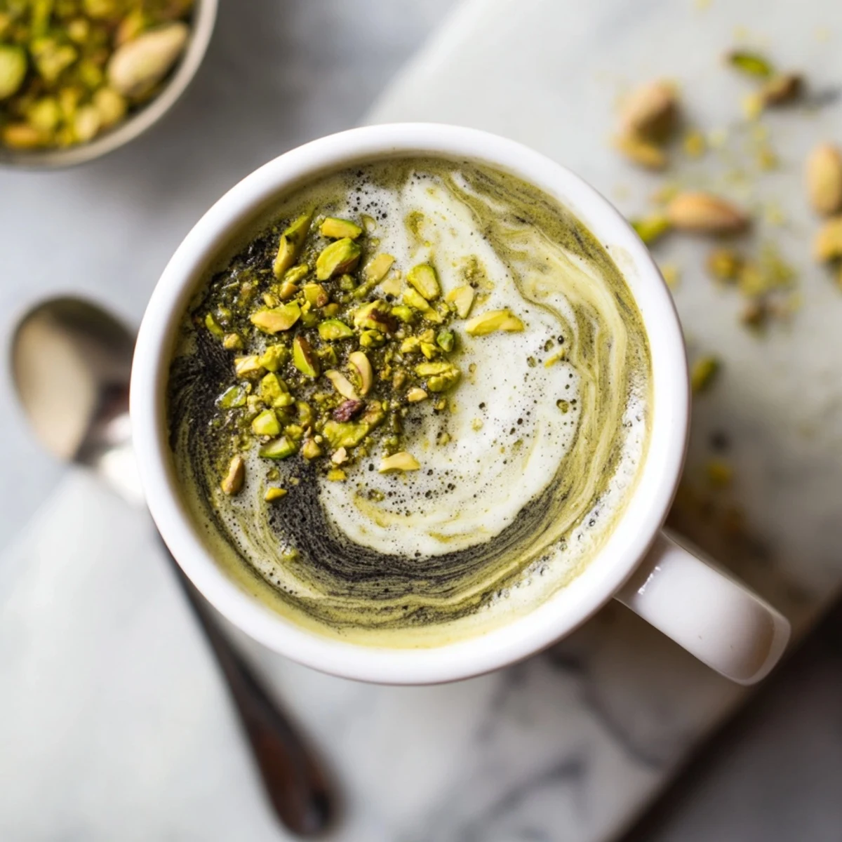 Creamy pistachio milk latte topped with crushed nuts, served in a warm cup.  