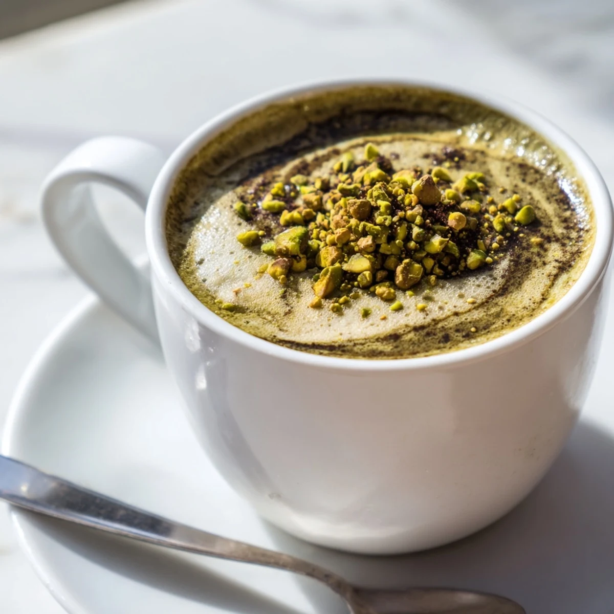 A delicious pistachio milk latte, rich in flavor and perfectly frothed on top.  