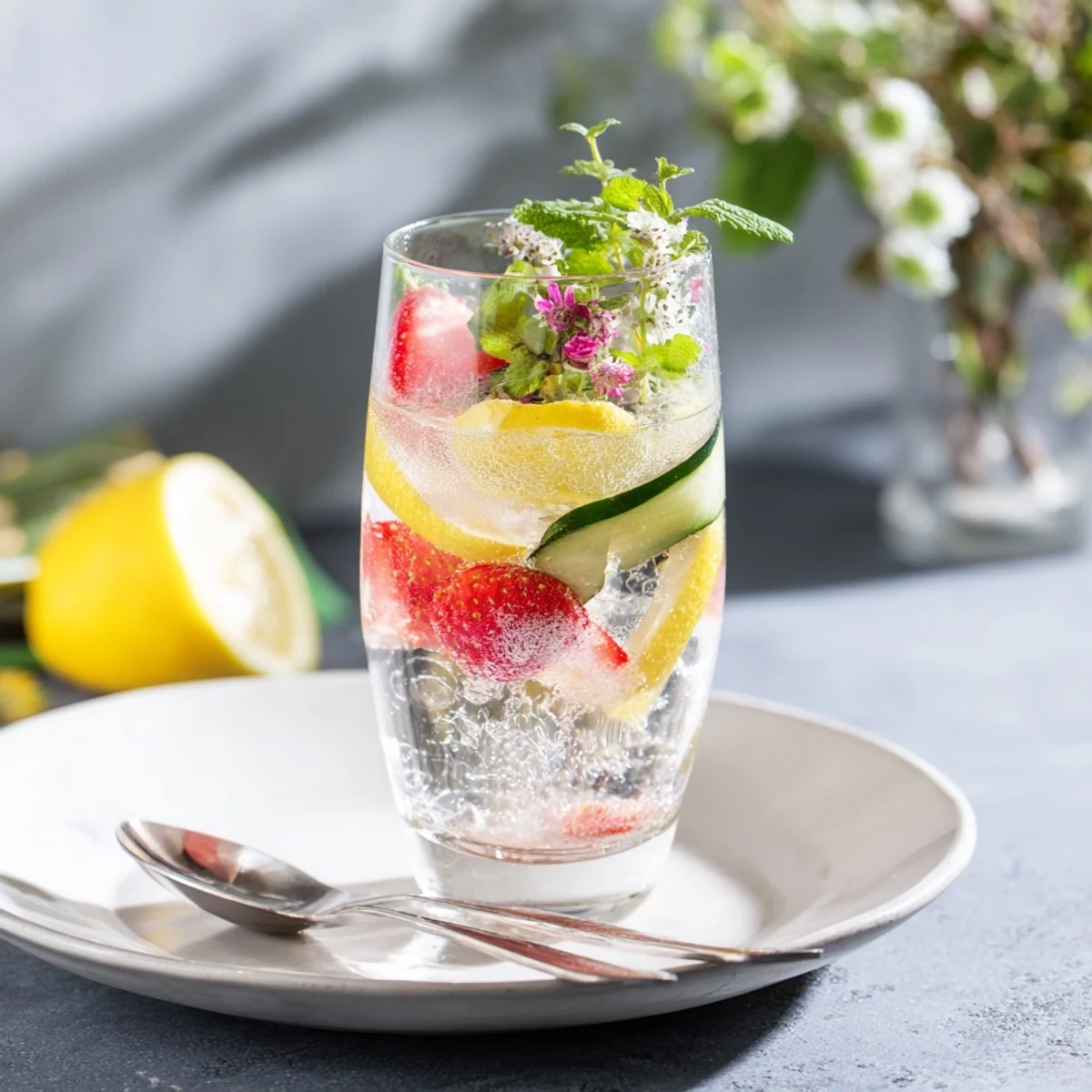 Refreshing Water-Based Mocktails with fresh fruit and mint for a delightful thirst-quencher.  