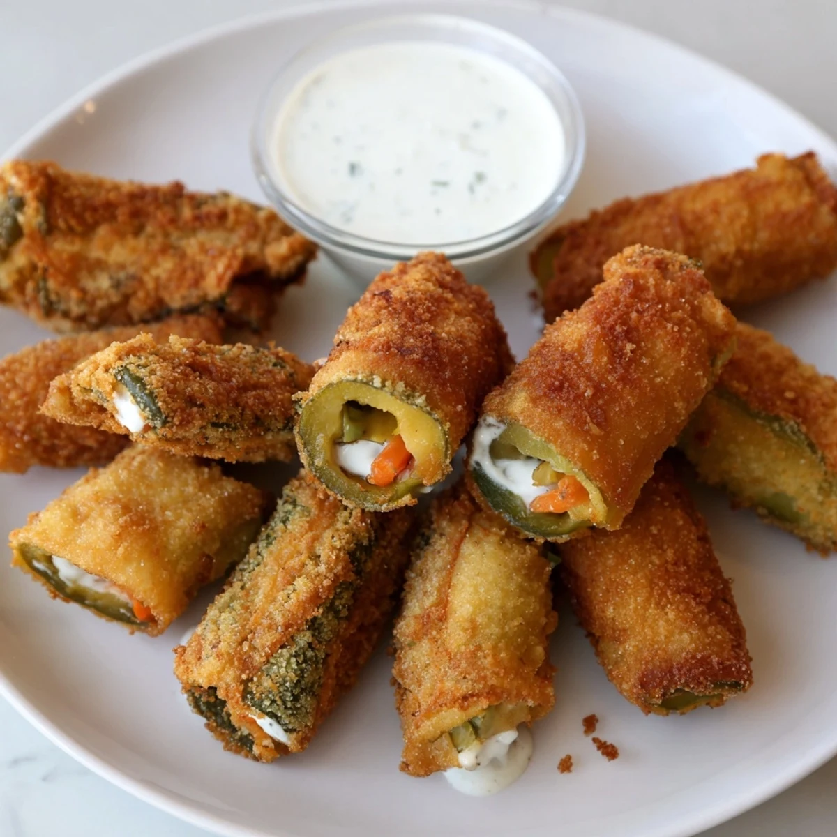 Tangy and crunchy pickle lovers meal featuring fried pickle chips and wrapped bites.
