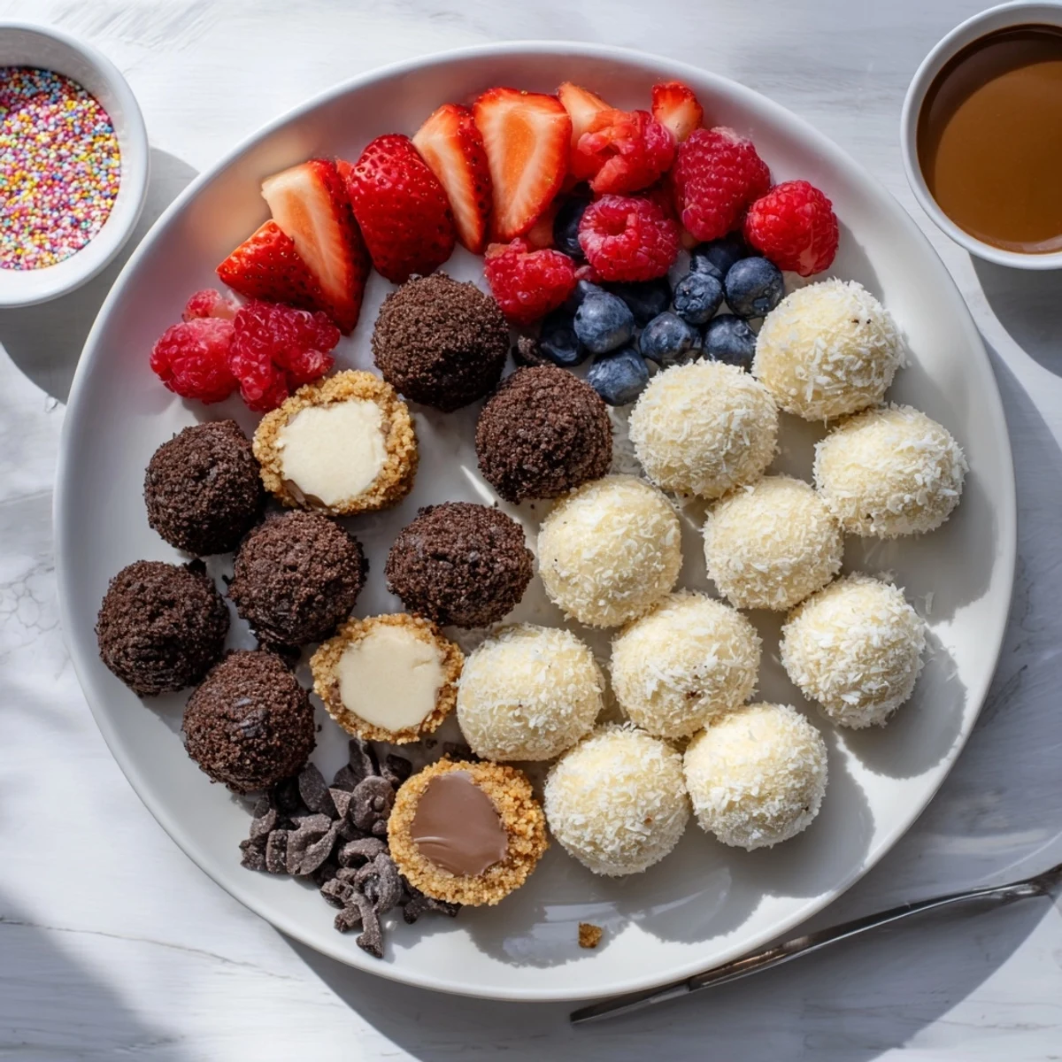 Deconstructed dessert board featuring luscious cheesecake bites with colorful toppings.