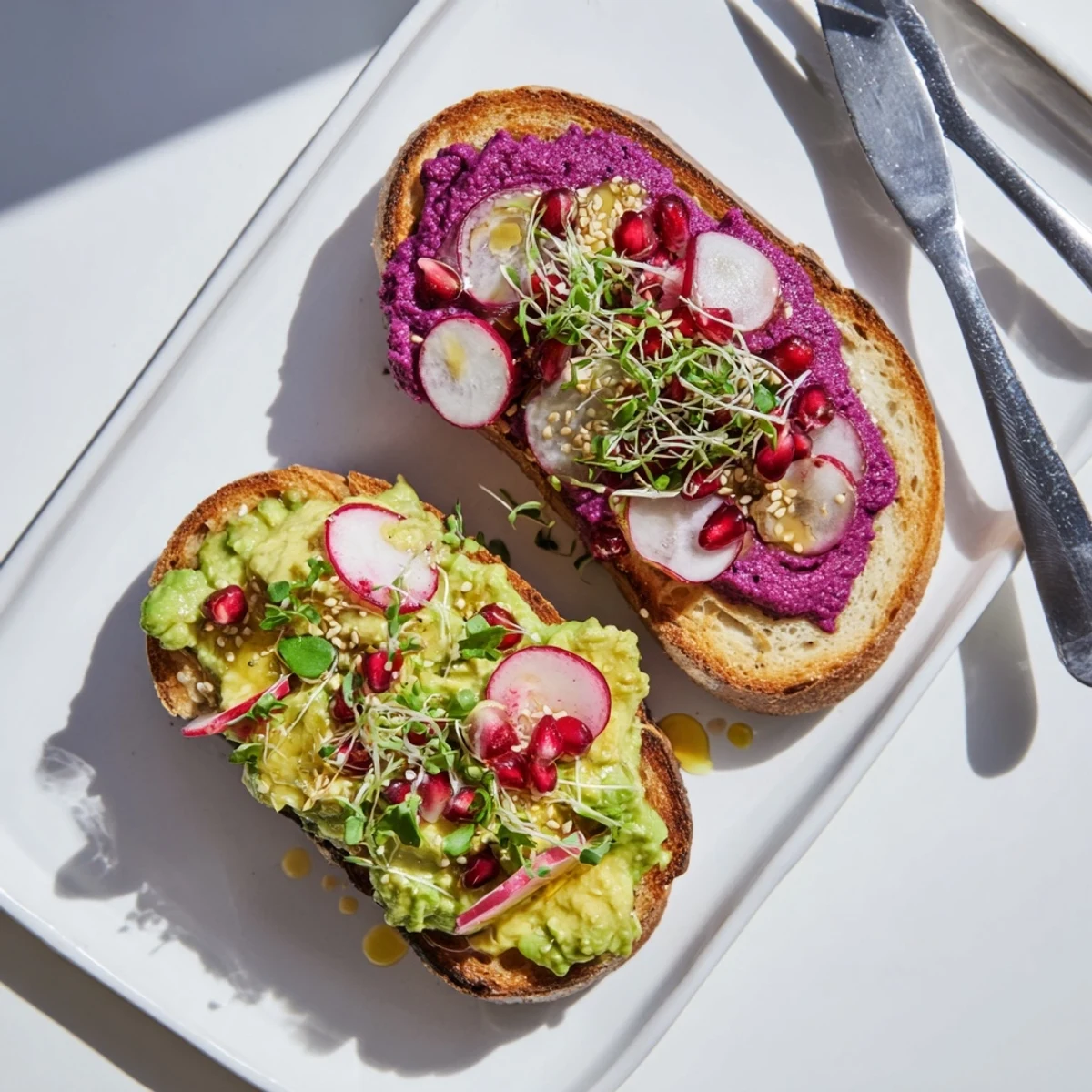 Vibrant bright & bold breakfast toasts with creamy ube and fresh avocado toppings.