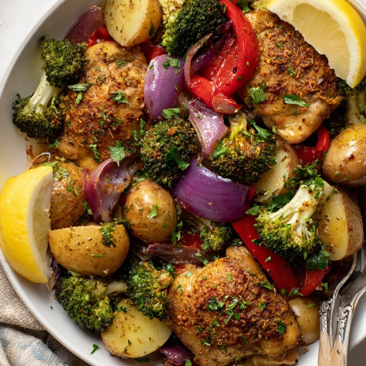 Juicy Lazy Gourmet Chicken & Vegetable One-Pot dish served with fresh parsley and lemon.  