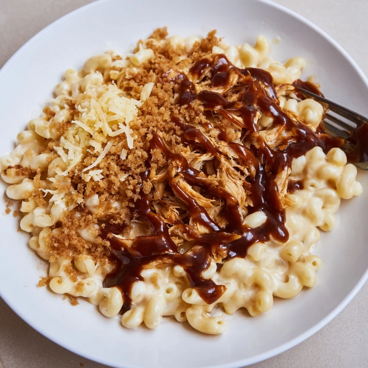 Classic Mac & Cheese with BBQ Chicken served hot, drizzled with tangy barbecue sauce.  