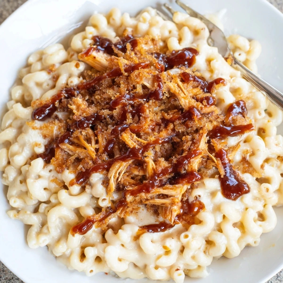 Comforting Classic Mac & Cheese with BBQ Chicken, topped with crispy panko breadcrumbs.  