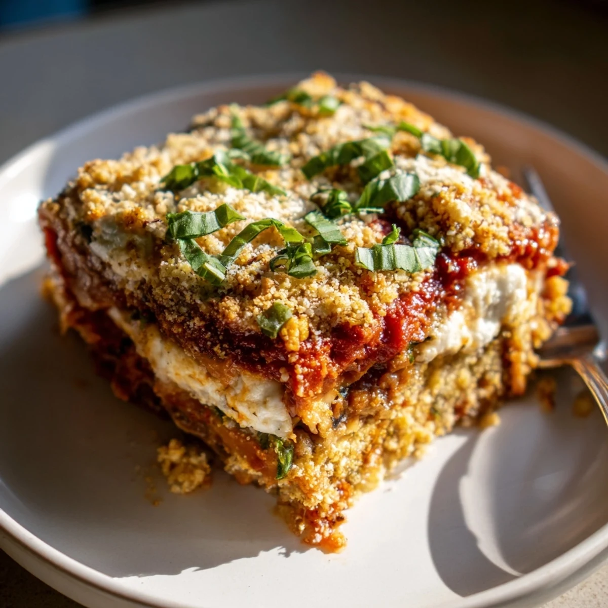 Sliced eggplant layered in a heartwarming Eggplant Parmesan Lasagna, perfect for family gatherings.