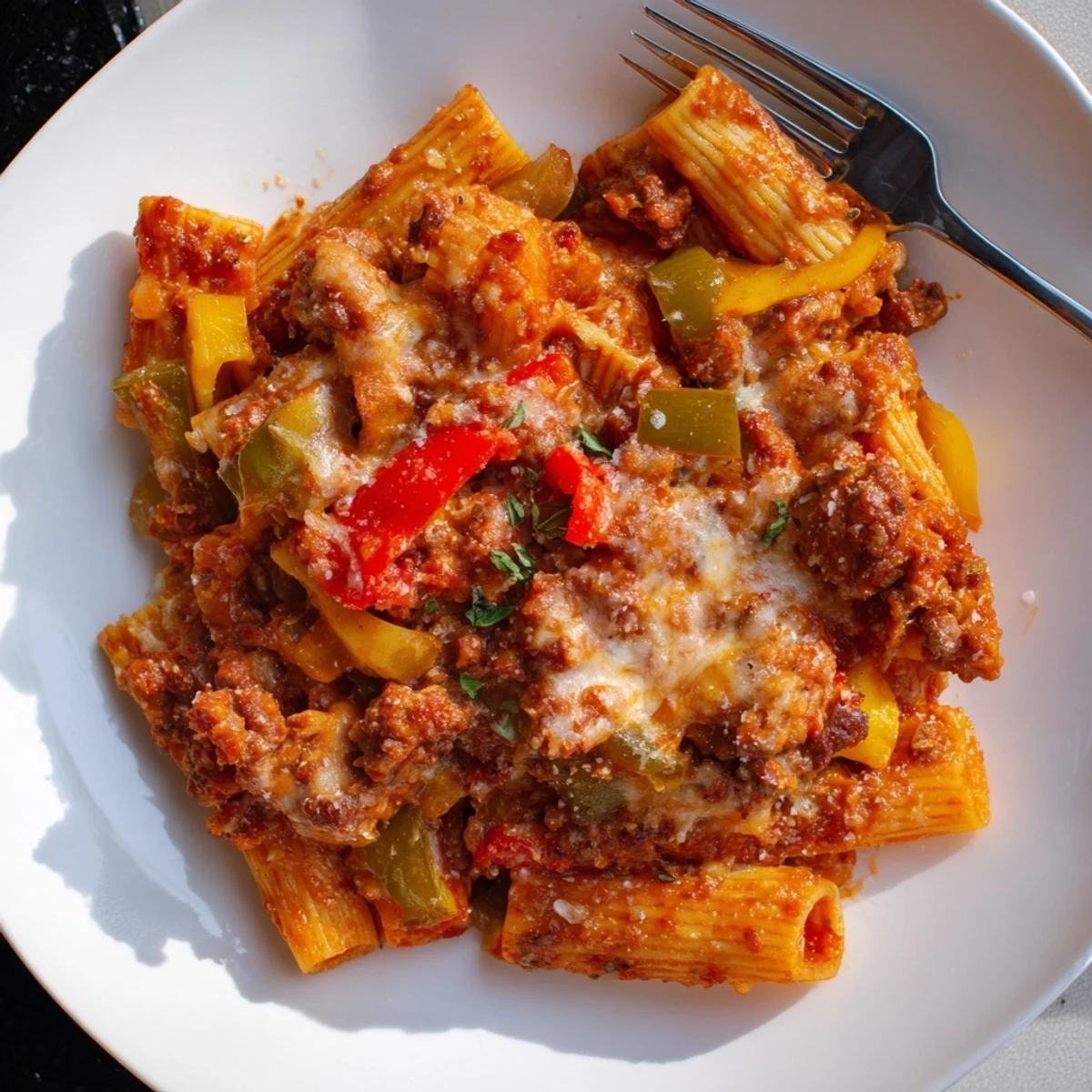 Colorful bell peppers and sausage create a comforting baked rigatoni experience for dinner.