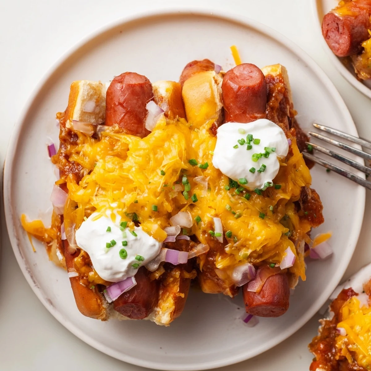 Sizzling Chili Dog Casserole topped with melted cheese, perfect for family dinners.  