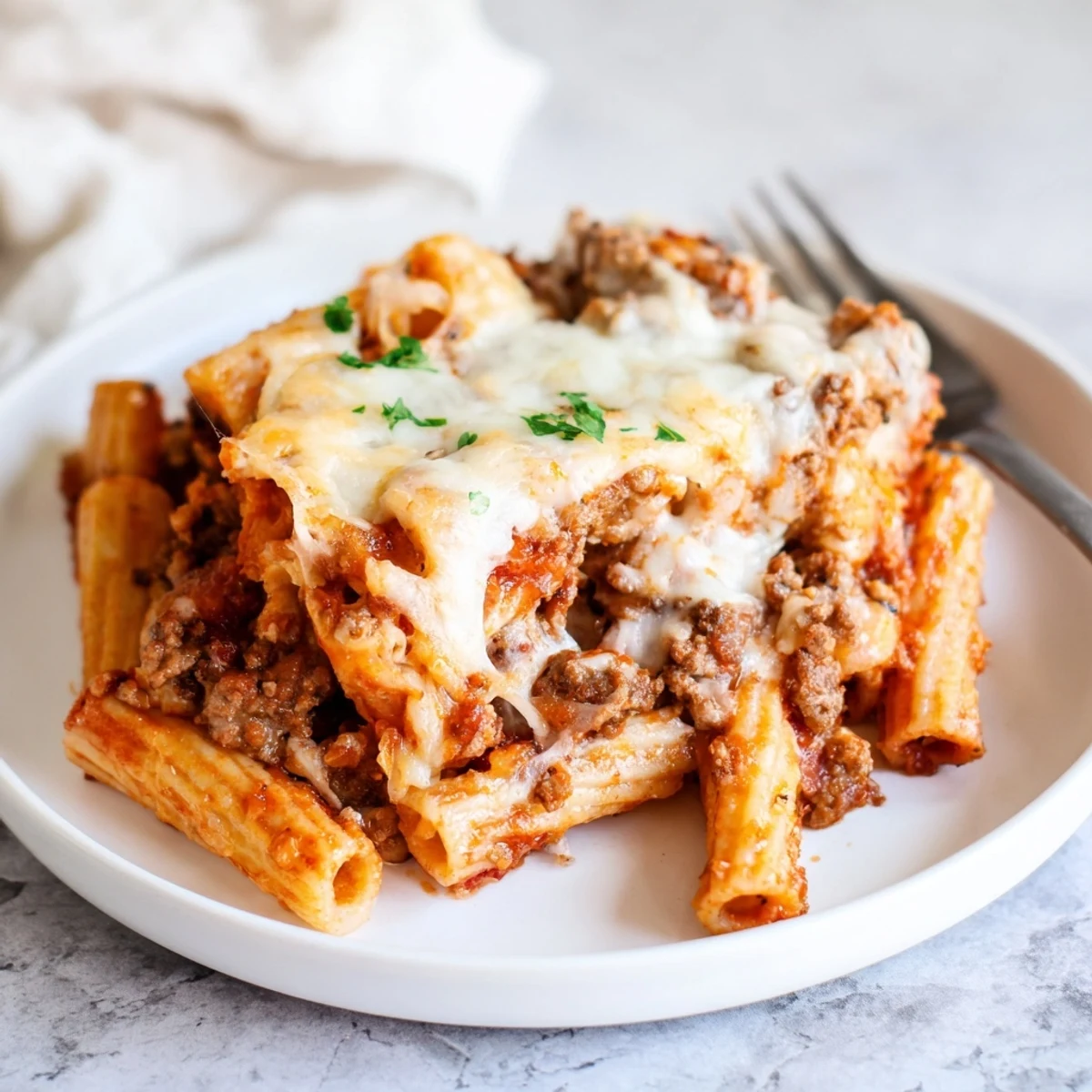 Baked Ziti with Meat Sauce featuring rich tomato layers and melty cheese, perfect for family gatherings.  
