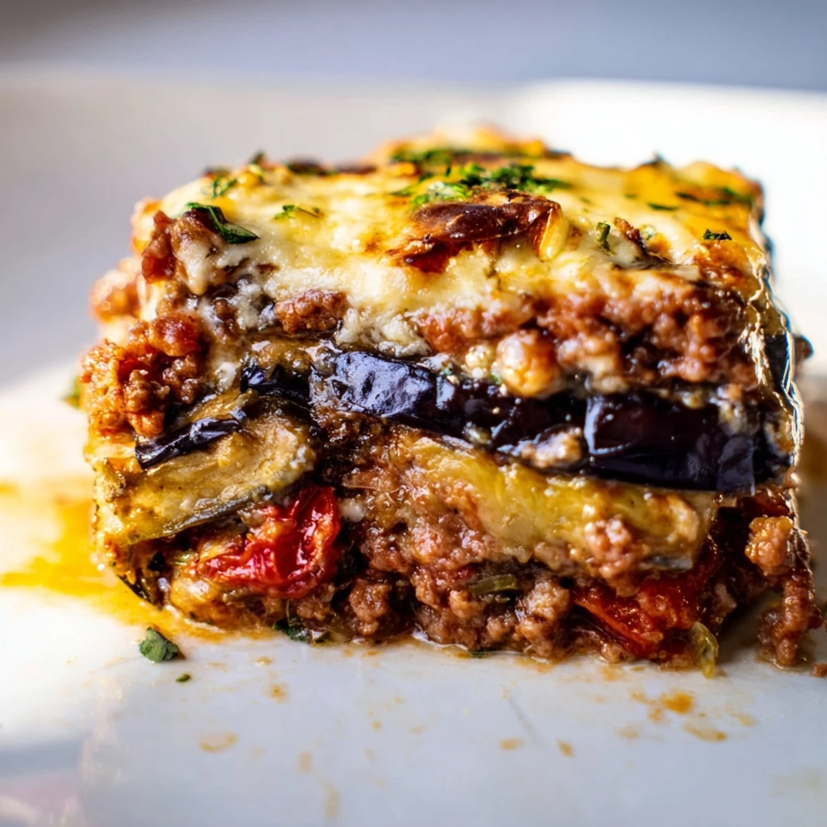 Layers of savory Moussaka with Beef & Eggplant topped with creamy béchamel sauce.  