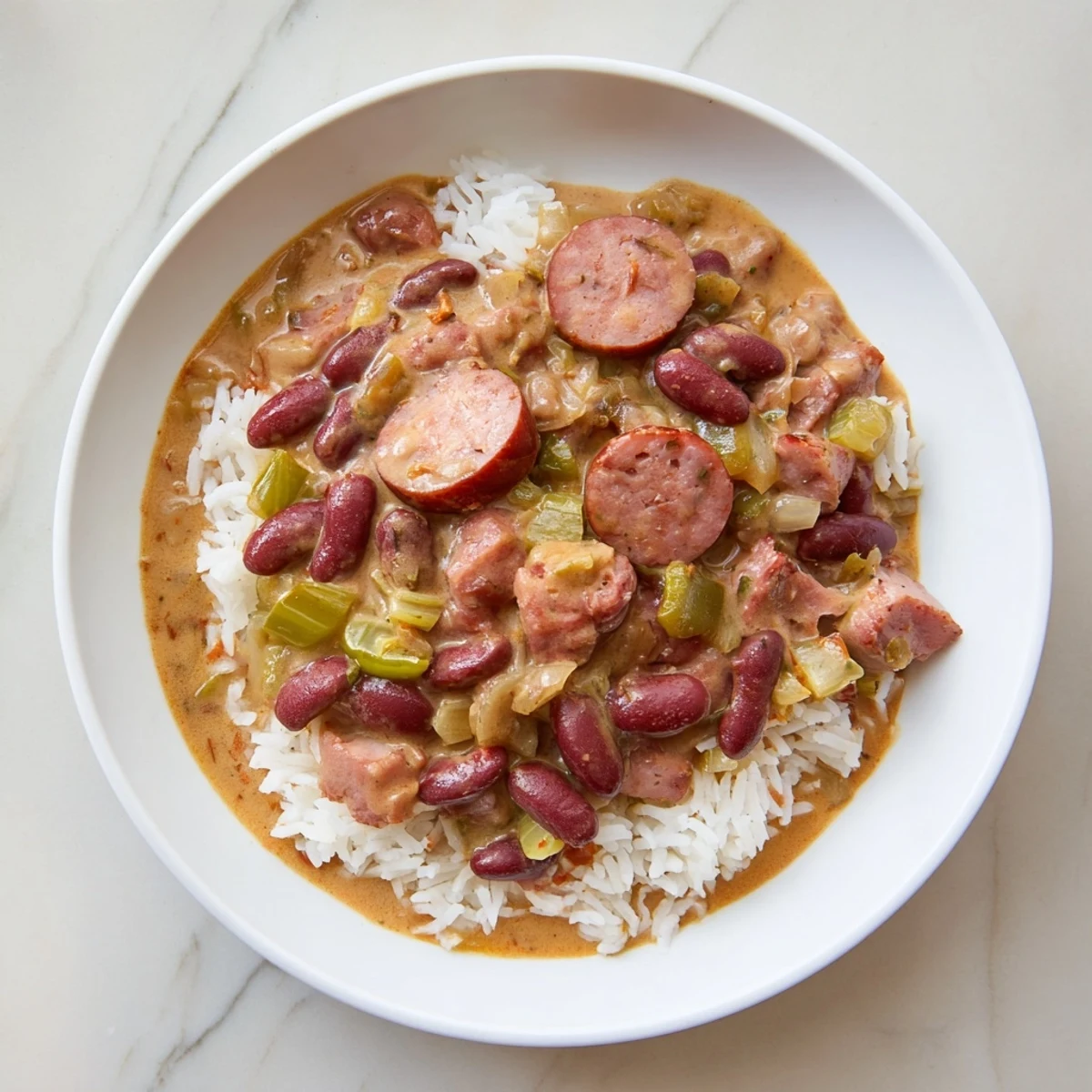 Steaming bowl of Red Beans & Rice, a Creole classic, with sausage and creamy texture.