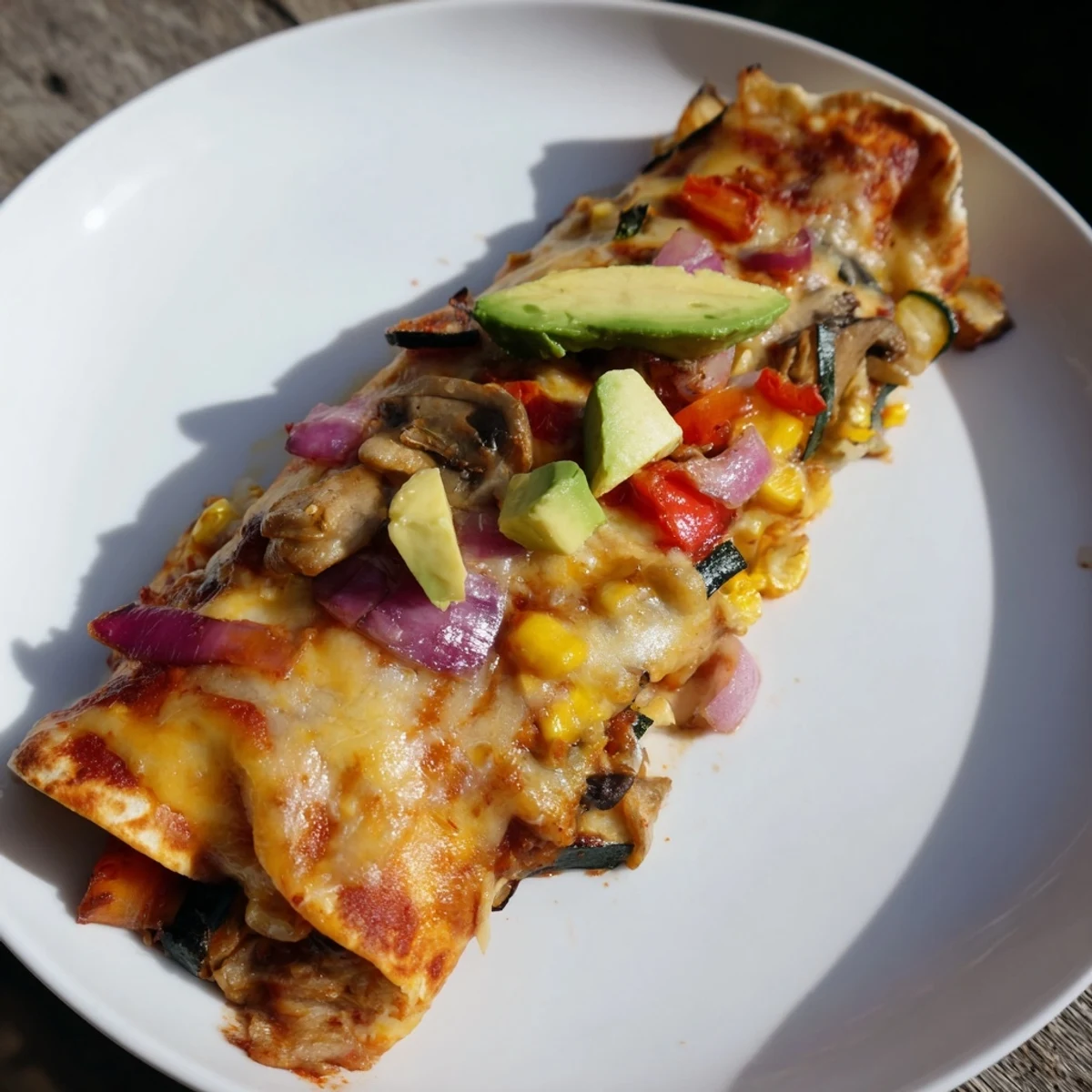 Homemade enchilada sauce blankets these Farmers Market Vegetarian Enchiladas, ready for serving with fresh toppings.