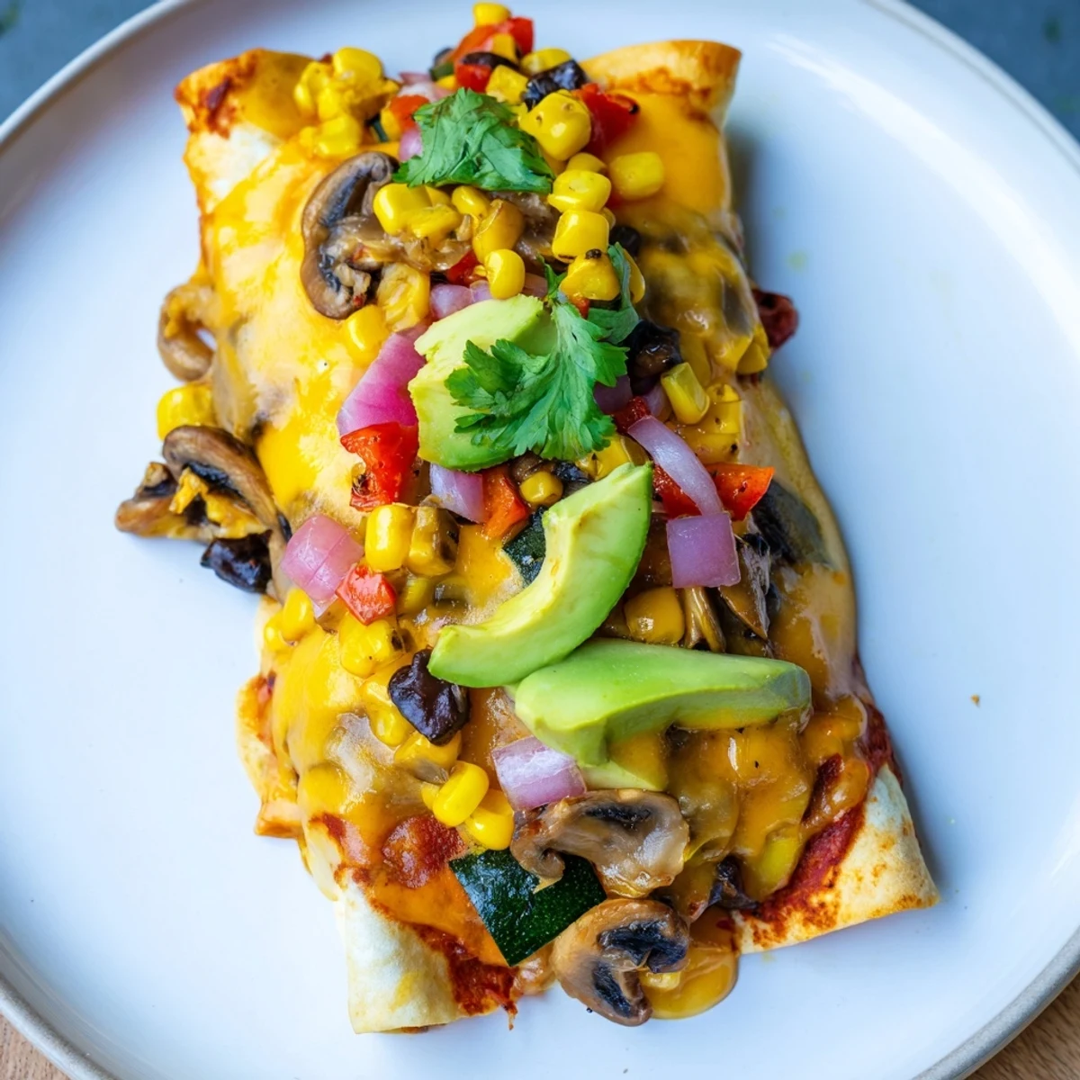 Farmers Market Vegetarian Enchiladas bubbling with cheese and a vibrant, freshly-cooked vegetable filling.