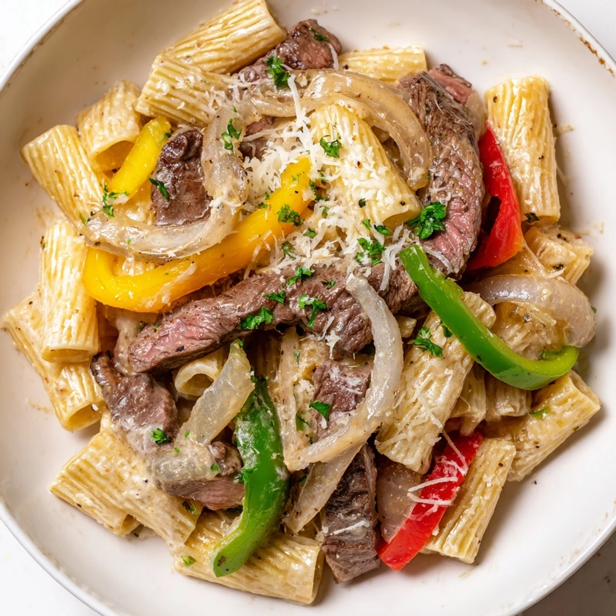 Close-up of a creamy Philly Cheese Steak Pasta, garnished with fresh parsley and ready to eat.