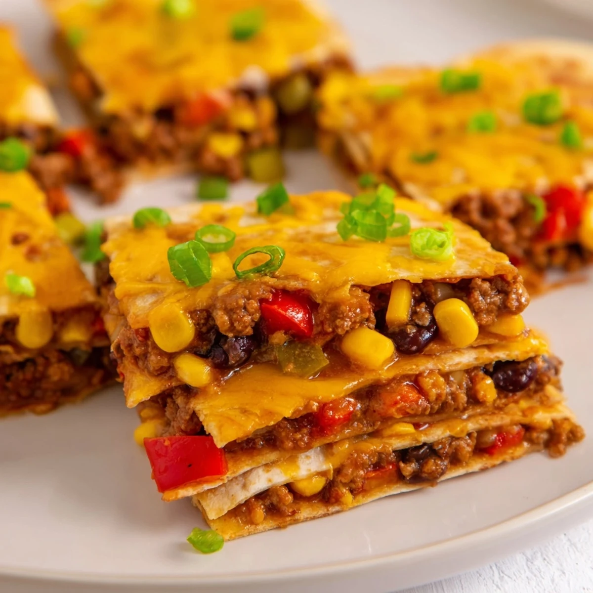 Delicious sheet pan quesadillas with beef are ready to eat, served with fresh salsa and sour cream.