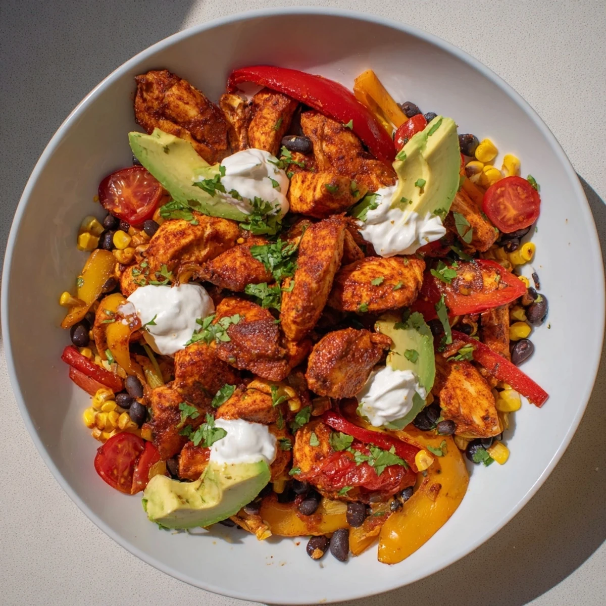 A close-up of a fully loaded sheet pan chicken burrito bowl with fresh toppings and fluffy rice.