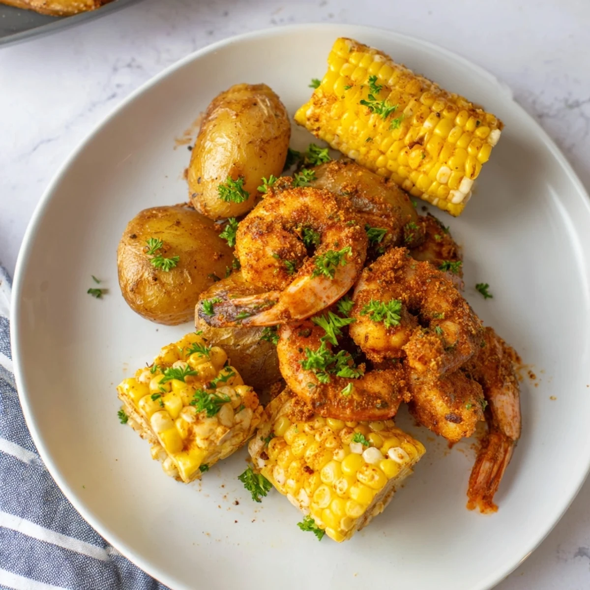Cajun Shrimp & Sweet Corn Platter showcasing juicy shrimp, roasted corn, and potatoes, ready to serve.