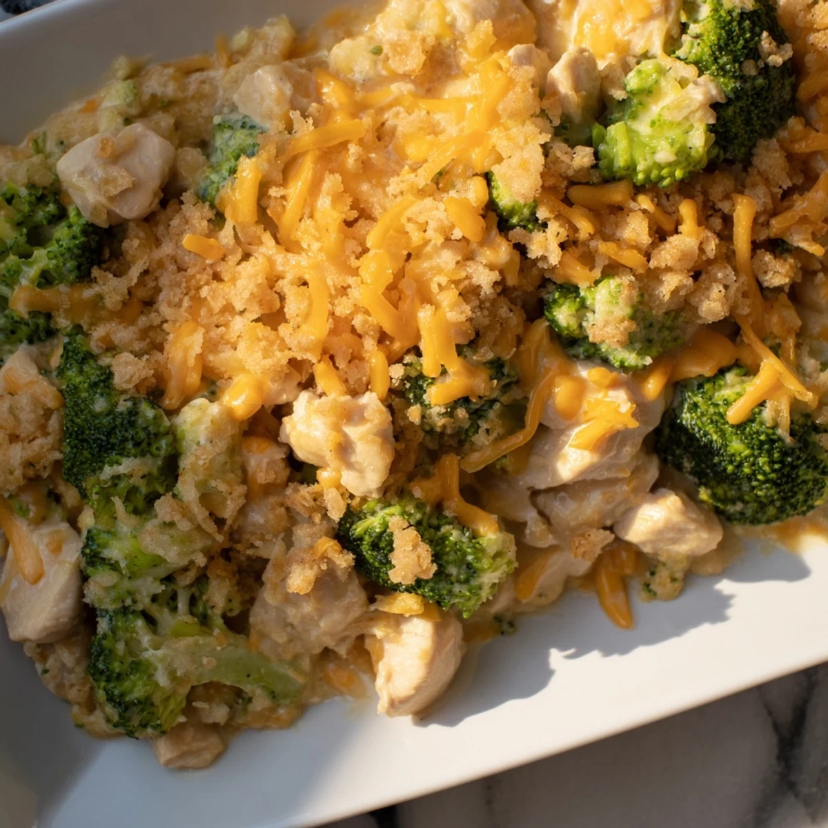 Golden, bubbly Chicken & Broccoli Cheddar Bake, revealing a creamy, cheesy, delicious casserole.
