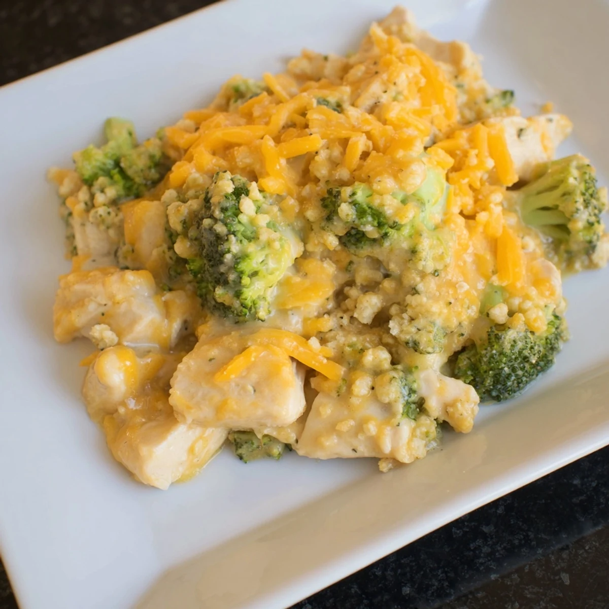 Savory Chicken & Broccoli Cheddar Bake, baked until the cheese is melted and it's ready to serve.