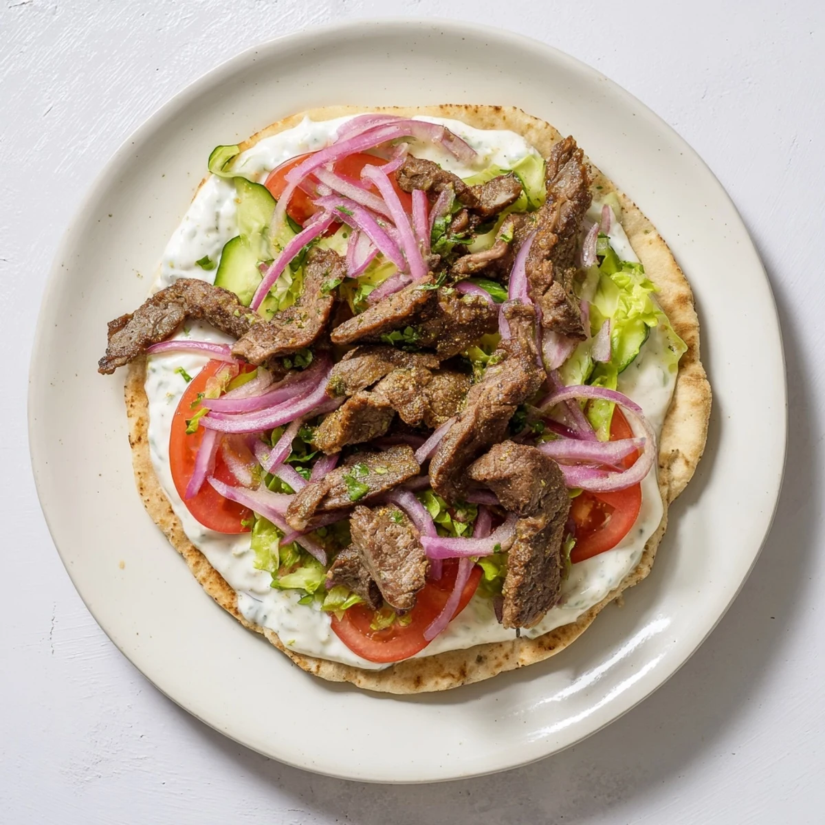 Homemade beef shawarma in warm flatbread, served with yogurt sauce and fresh, colorful garnishes.