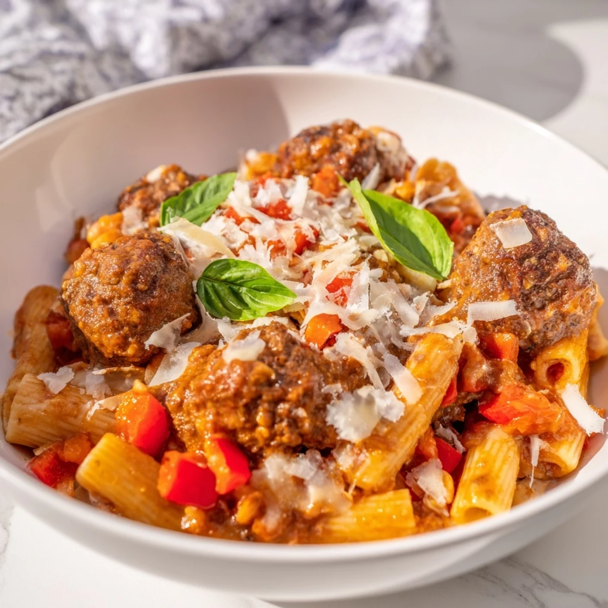 A bubbling Italian Meatball Pasta Skillet, with melted cheese and fresh basil garnish.