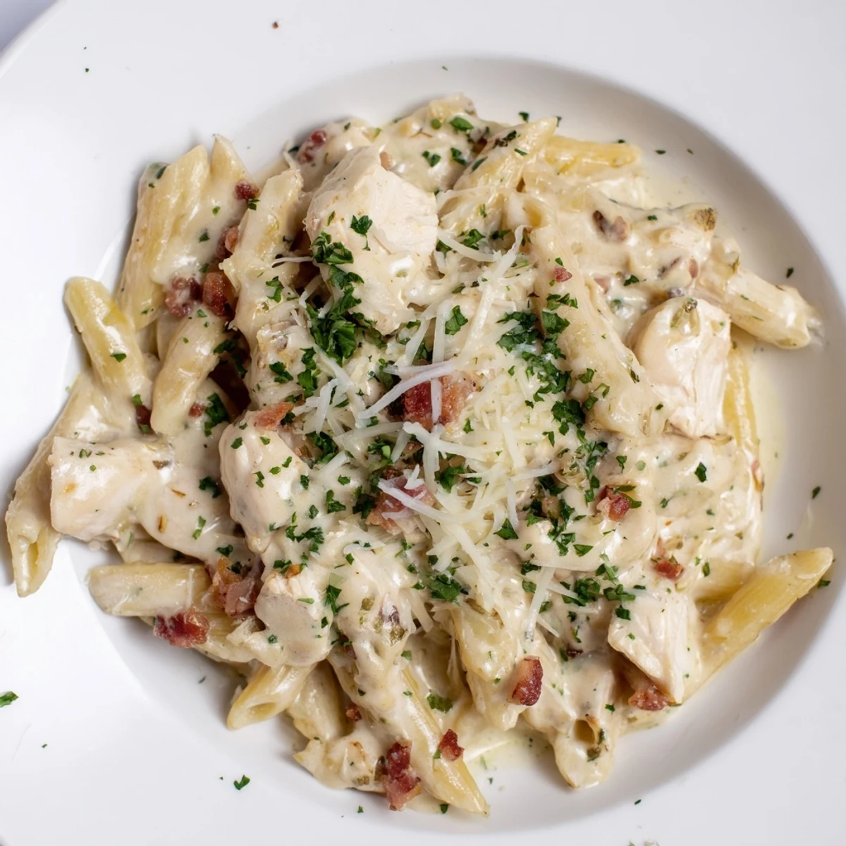 Golden Ranch Chicken & Bacon Penne pasta, a creamy delight with crispy bacon bits sprinkled on top.