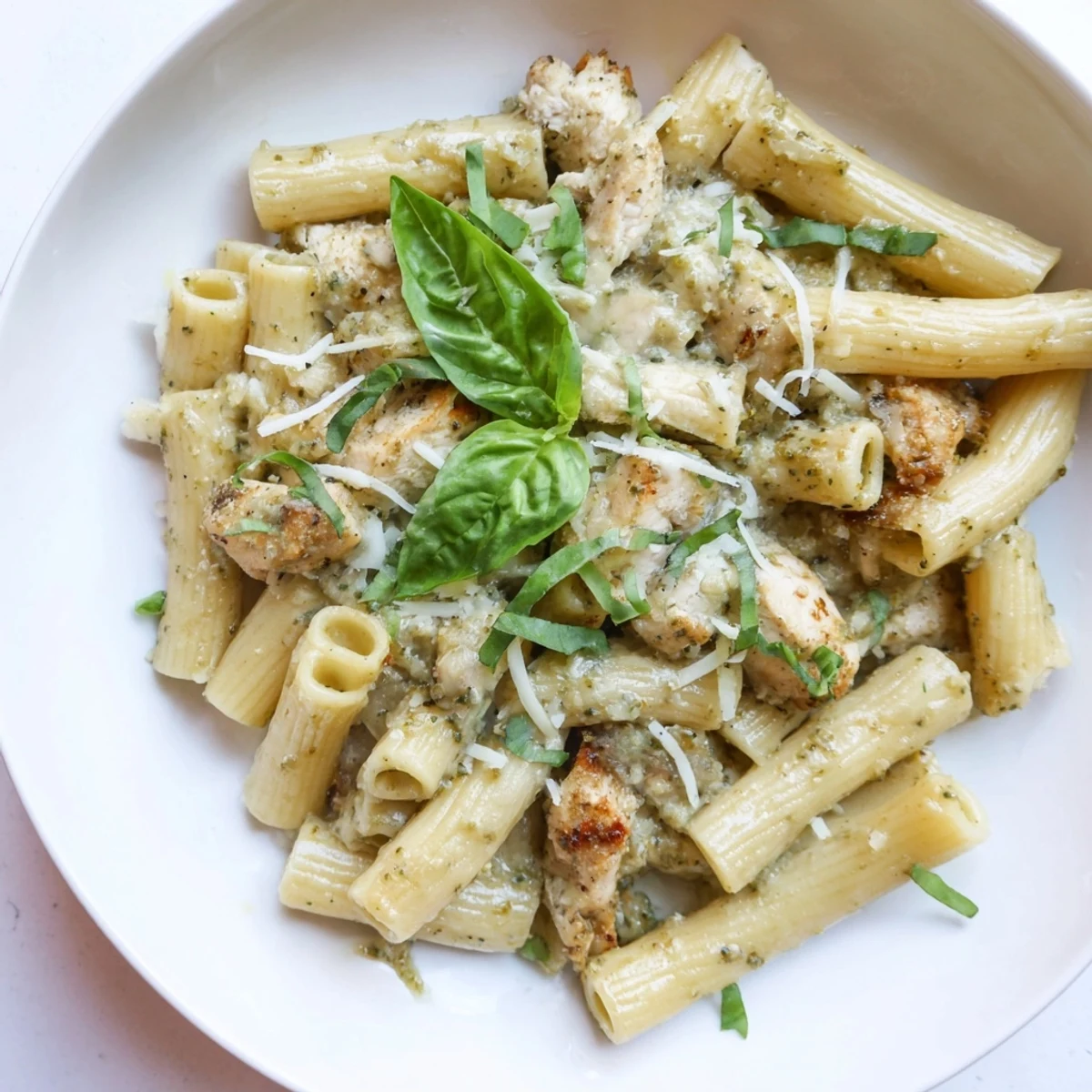 Golden chicken and penne pasta swimming in creamy pesto sauce, a fantastic Creamy Pesto Penne & Chicken.