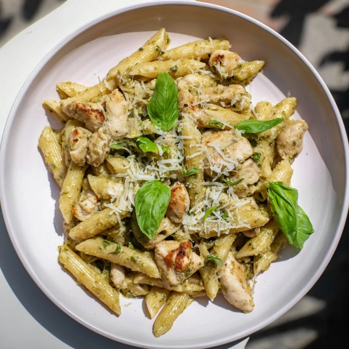 A vibrant bowl of Creamy Pesto Penne & Chicken, showcasing the rich, cheesy pesto and tender chicken pieces.