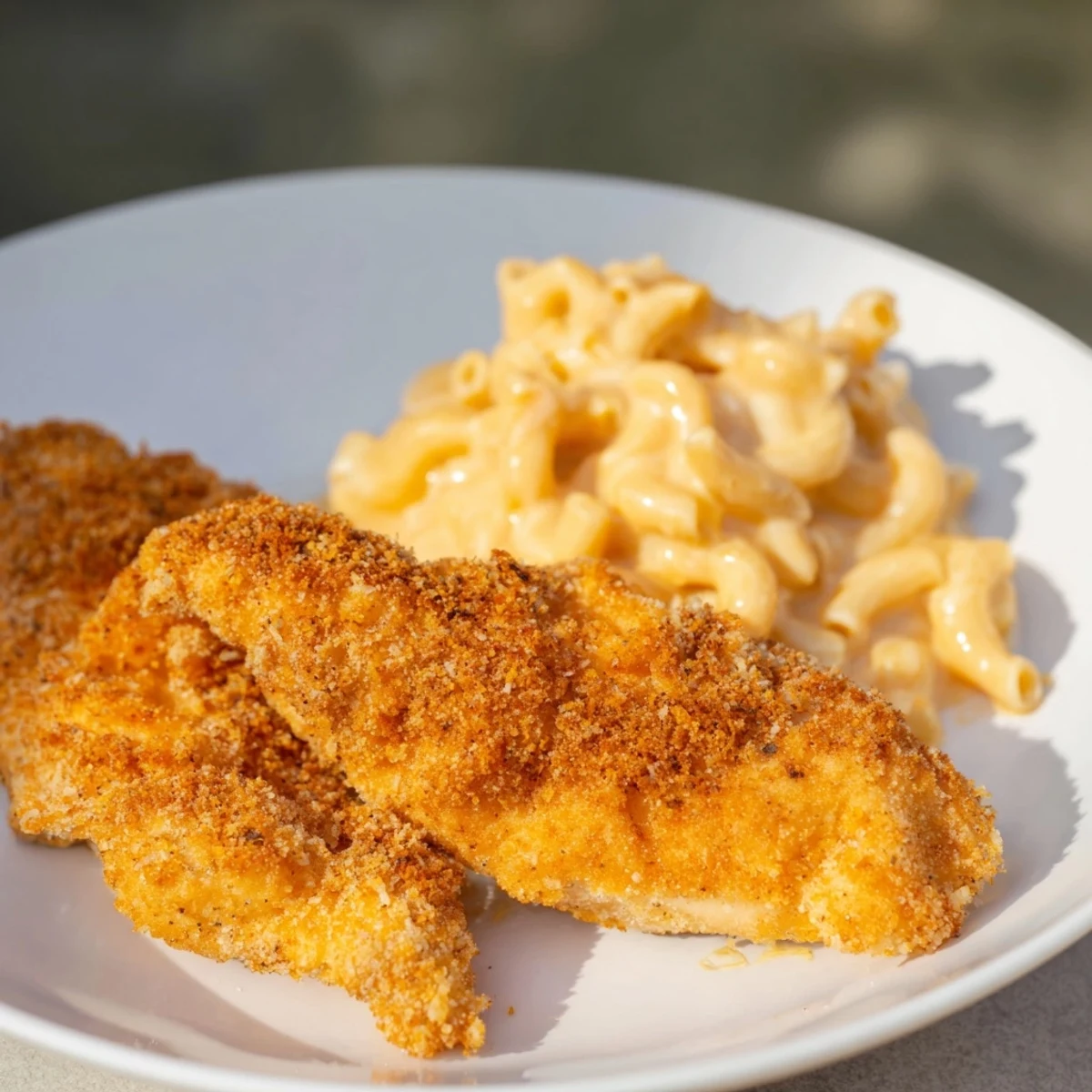Enjoy perfectly fried crispy chicken tenders with rich, cheesy macaroni – a classic American feast!