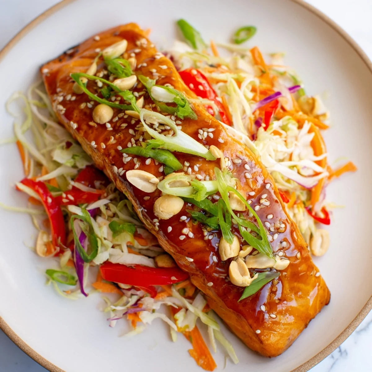 Golden teriyaki salmon sits atop a crisp Asian slaw, a vibrant Teriyaki Salmon bowl.