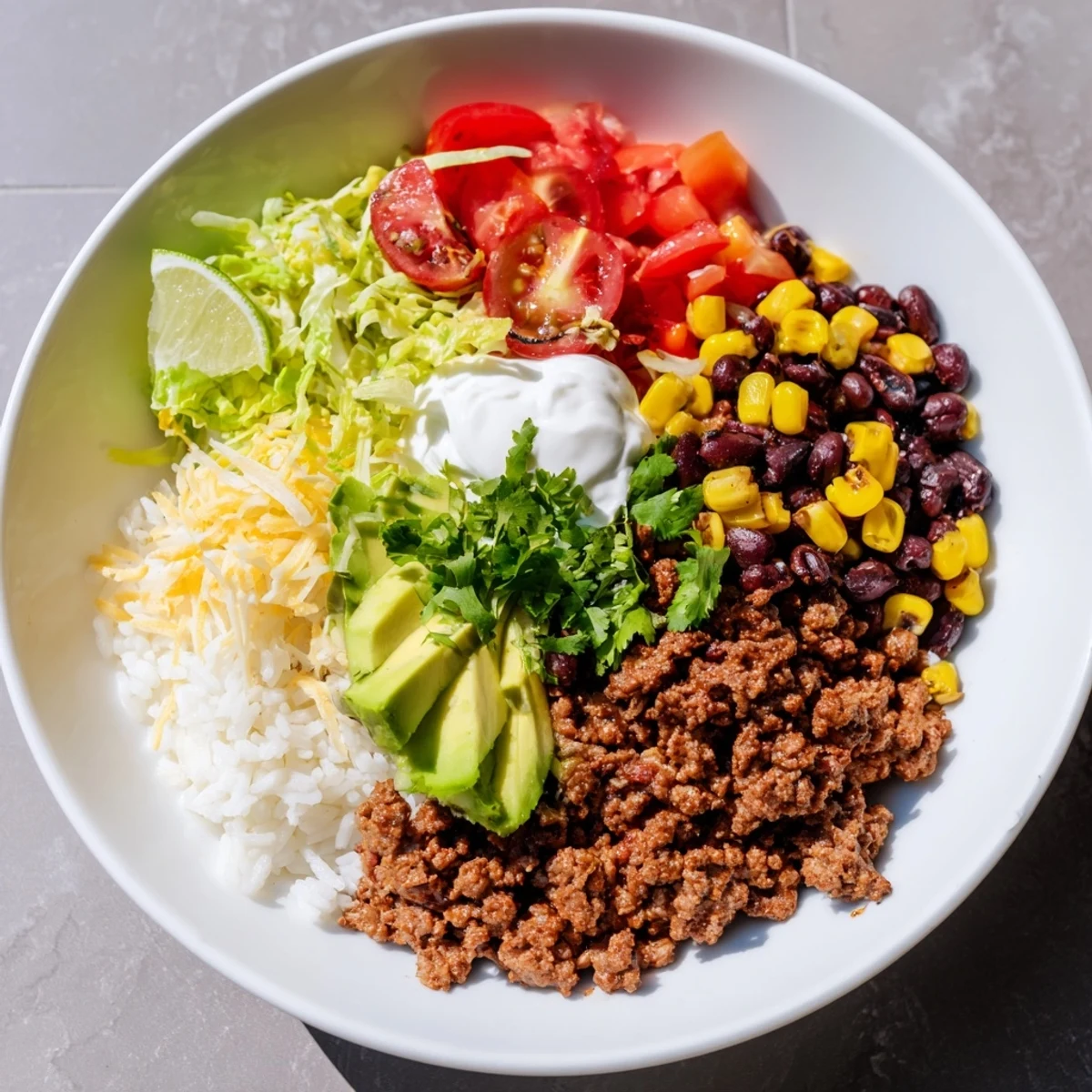 Delicious loaded beef burrito bowl, featuring savory beef, fluffy rice, and a colorful array of fresh toppings in a bowl.