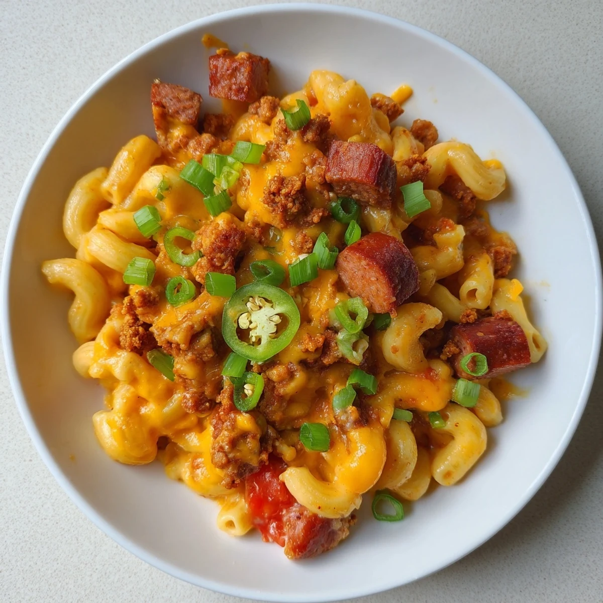 A bubbling casserole dish of creamy Chili Cheese Dog Mac & Cheese, cheesy and savory.