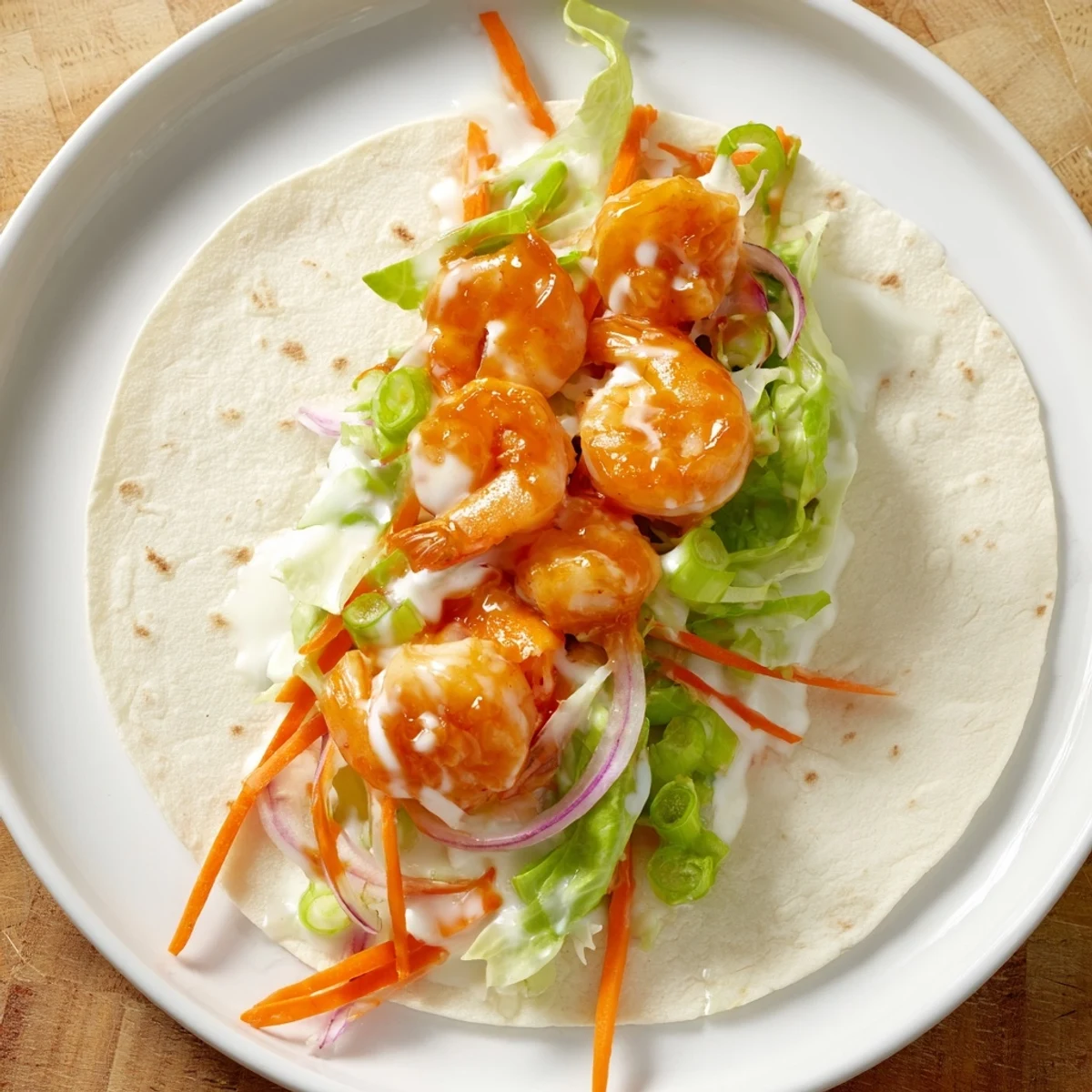 Close-up of savory buffalo shrimp wraps, the spicy shrimp nestled in a soft tortilla with crisp fillings.