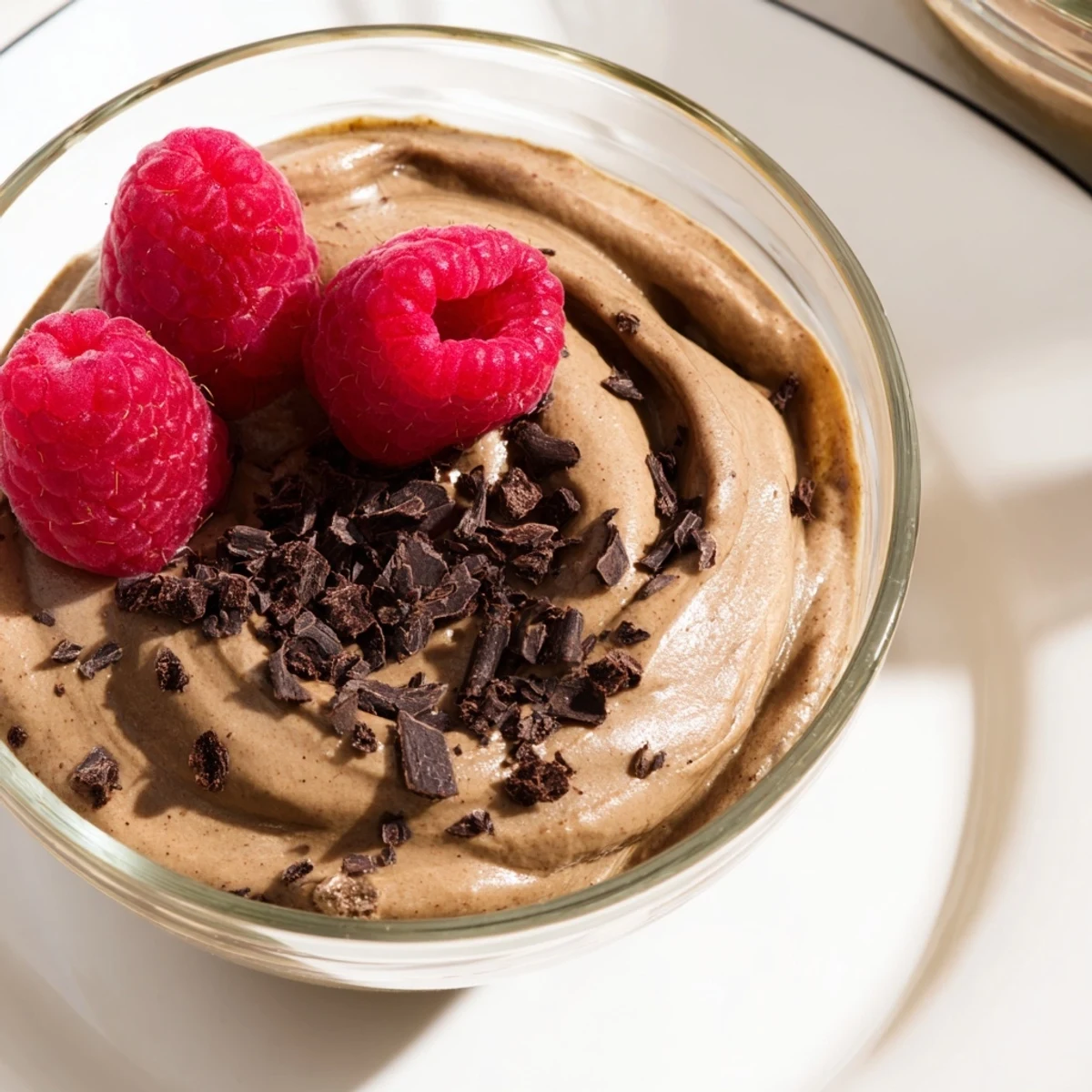 Creamy Avocado Chocolate Mousse topped with vibrant red raspberries, a delightful dessert.