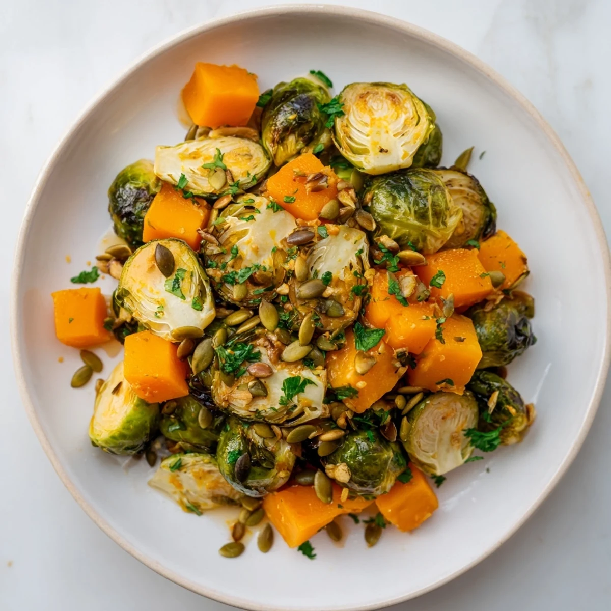 Golden-brown Roasted Brussels Sprouts & Butternut Squash, drizzled with sweet orange dressing and ready to serve.