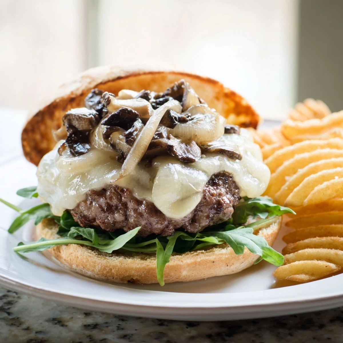 Close up of a Mushroom Swiss Burger, with melted cheese and juicy beef, served with golden waffle fries.