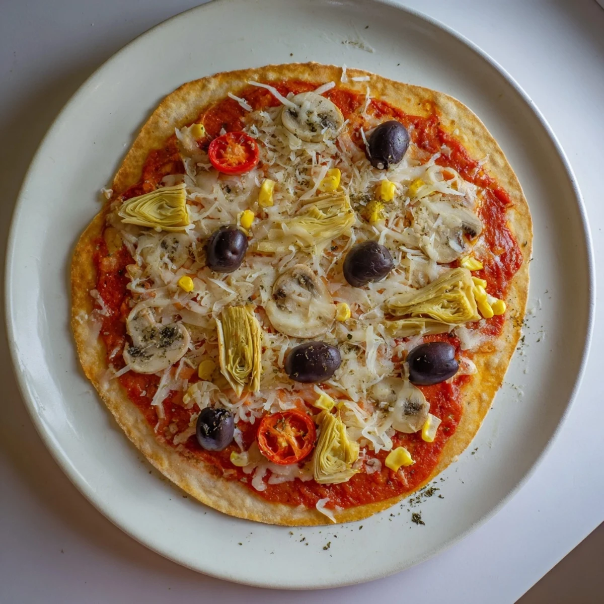 Golden-brown tortilla pizza with colorful toppings, a simple meal idea perfect for busy weeknights at home.