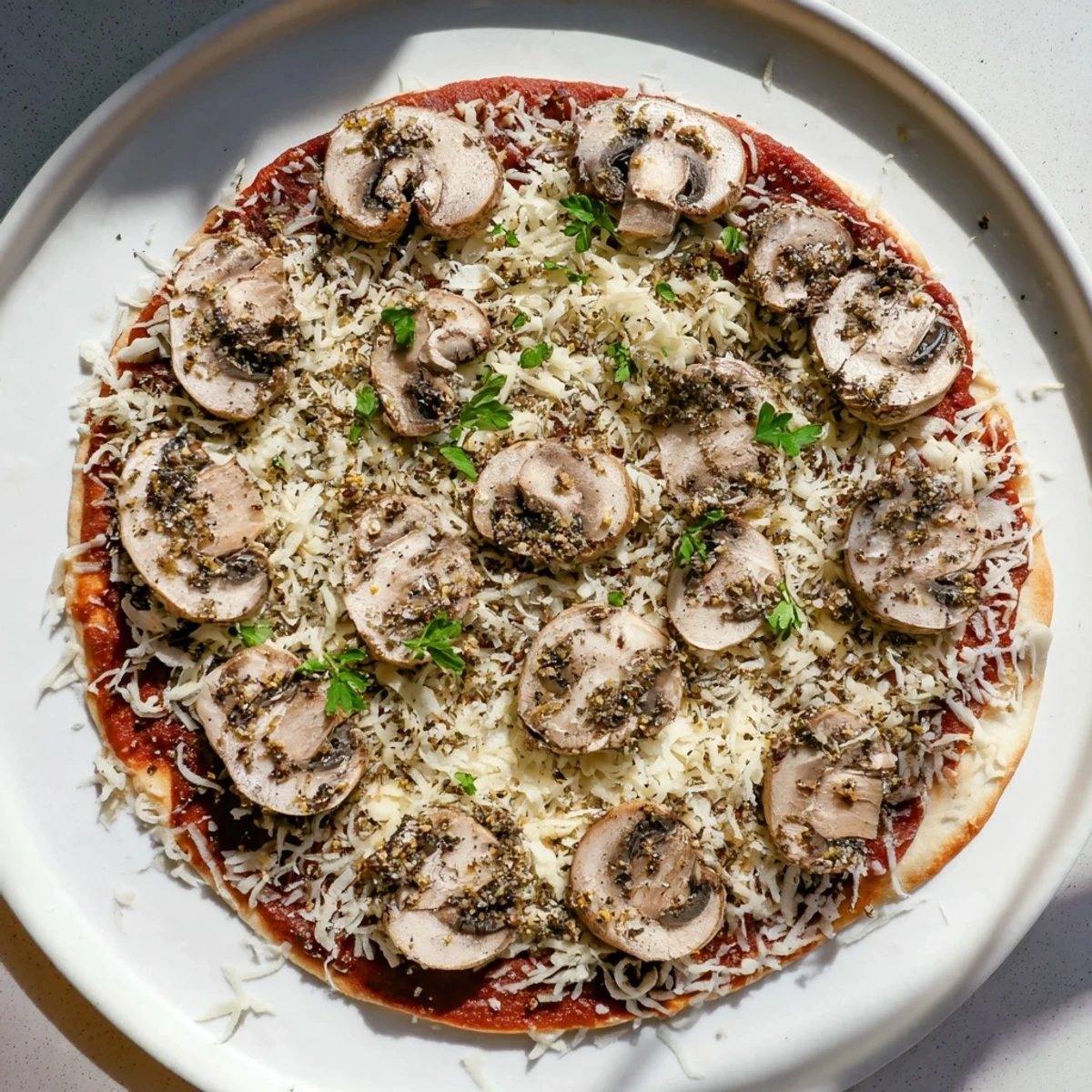 Melting mozzarella covers the mushroom-laden Frozen Pizza Upgrade, smelling of oregano and herbs after baking.