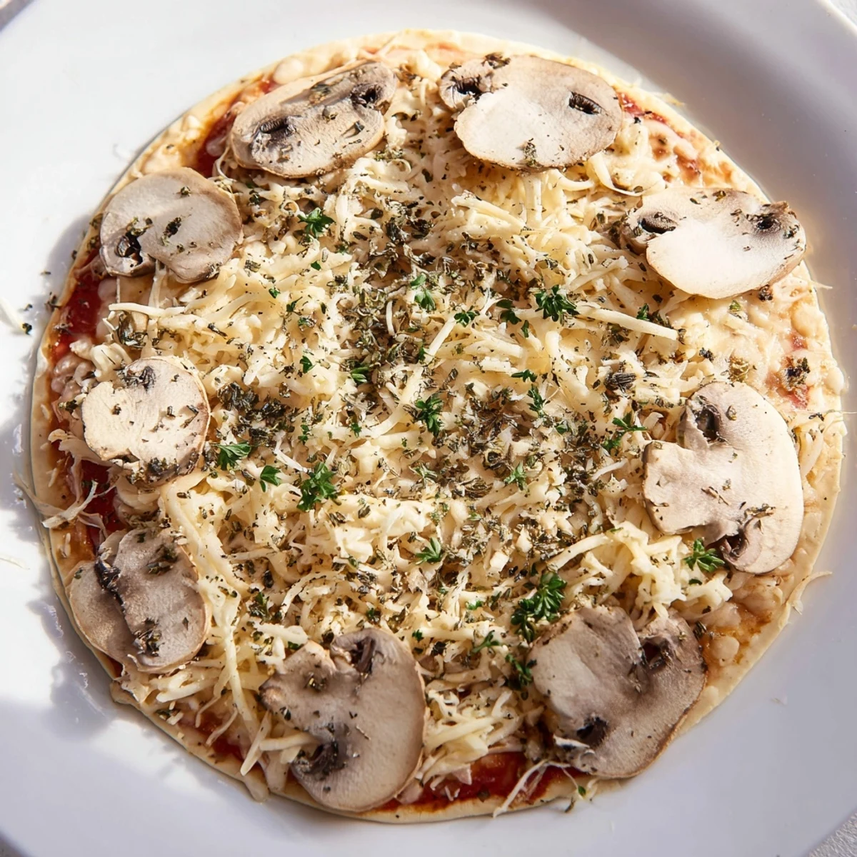 Golden, bubbly Frozen Pizza Upgrade topped with herbs, mushrooms, and melted cheese, ready to serve.