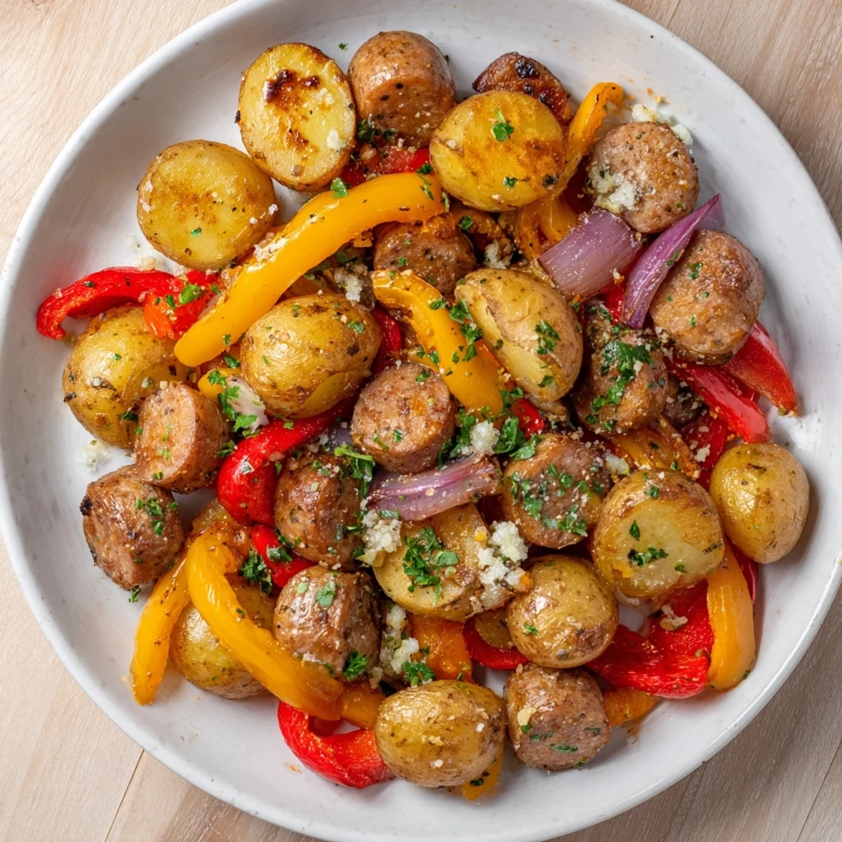 Sheet-Pan Sausage with Peppers and Potatoes, a delicious one-pan dinner with roasted vegetables and juicy sausage.