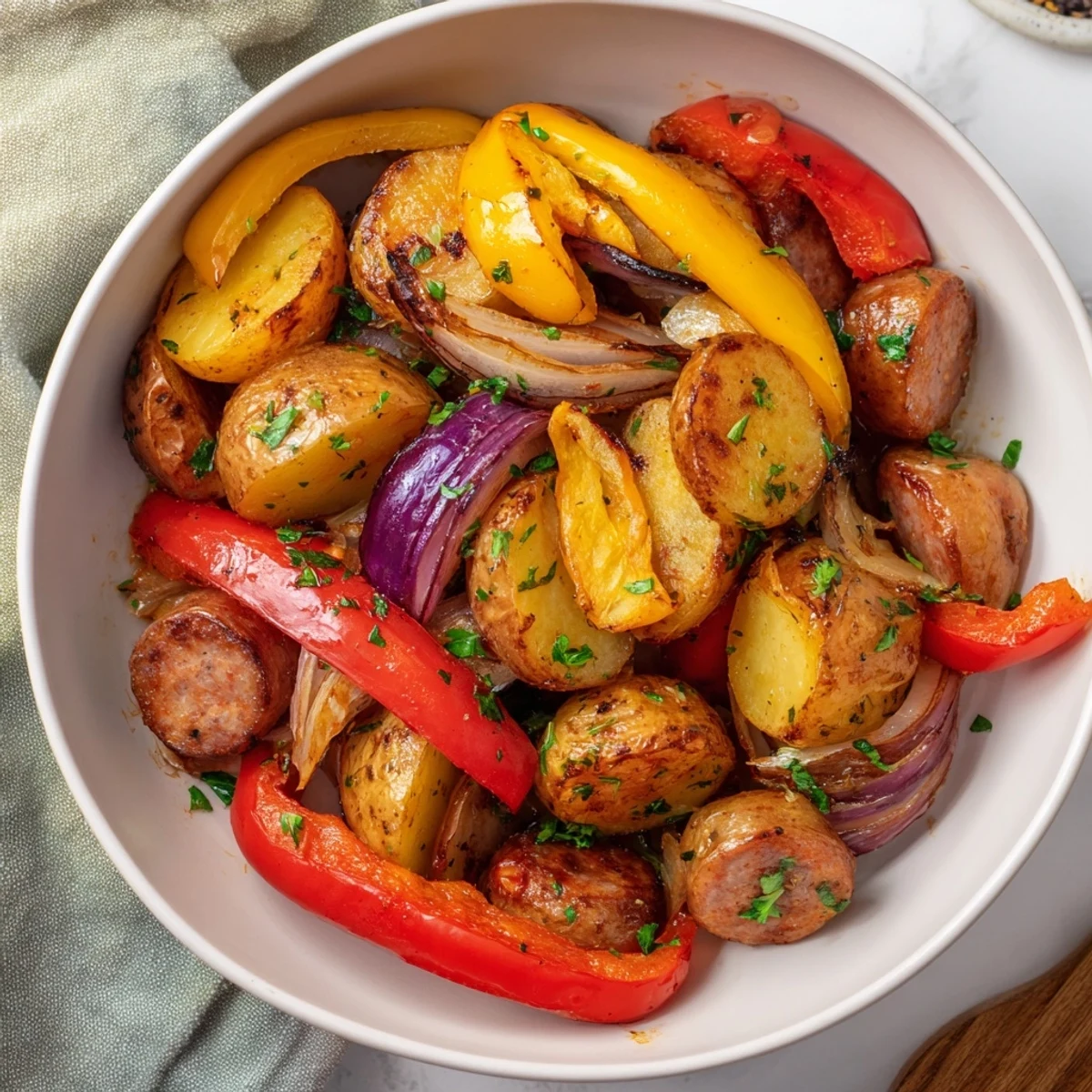 Oven-roasted Sheet-Pan Sausage with Peppers, Onions, and Potatoes with golden brown potatoes and flavorful cooked sausages.