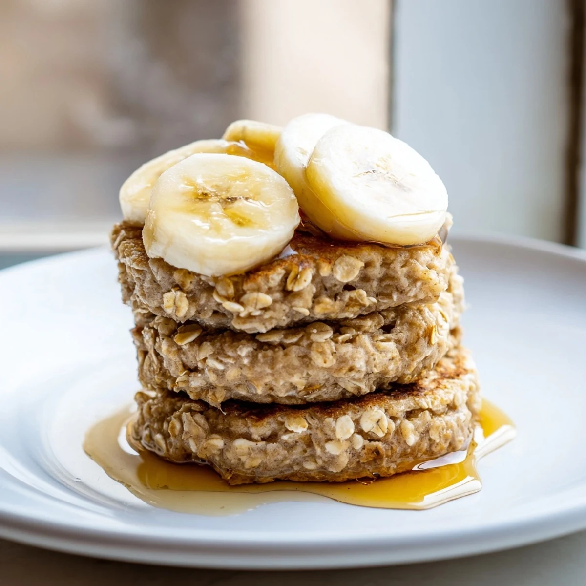 Golden-brown banana oat pancakes stacked high, ready to be drizzled with sweet maple syrup.