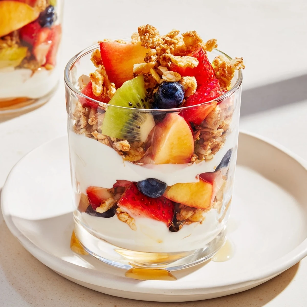 A close-up of a refreshing Yogurt Parfait, featuring ripe berries, creamy yogurt, and crispy granola layers.