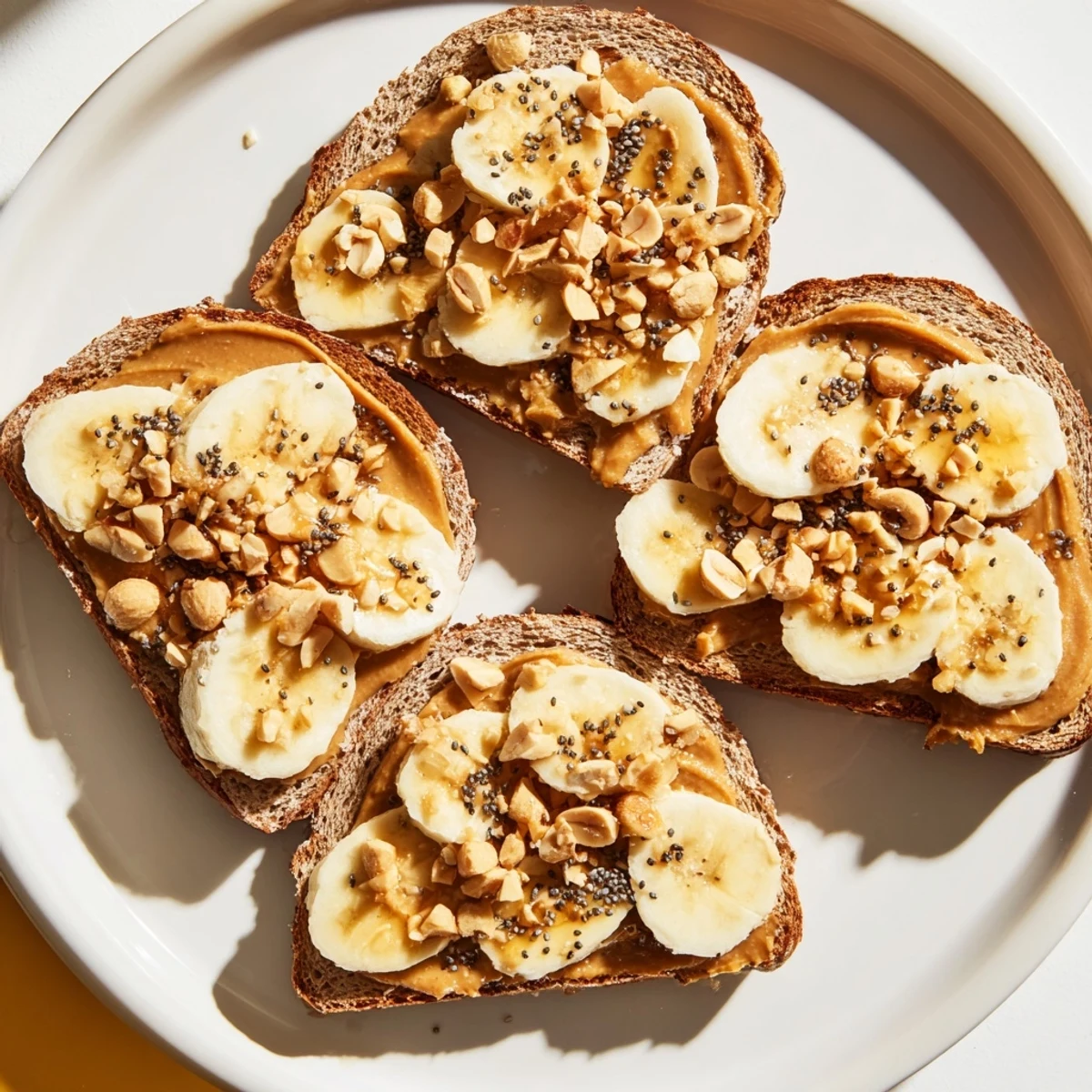Golden-brown Peanut Butter & Banana Sandwich Upgrade, overflowing with fresh banana slices and crunchy toppings.